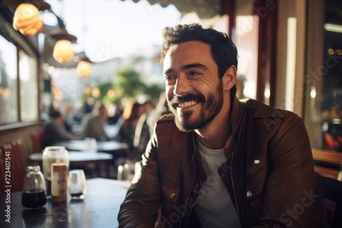 Portrait of a handsome smiling man sitting in a pub or restaurant.