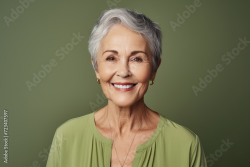 Portrait of smiling senior woman with grey hair against green background