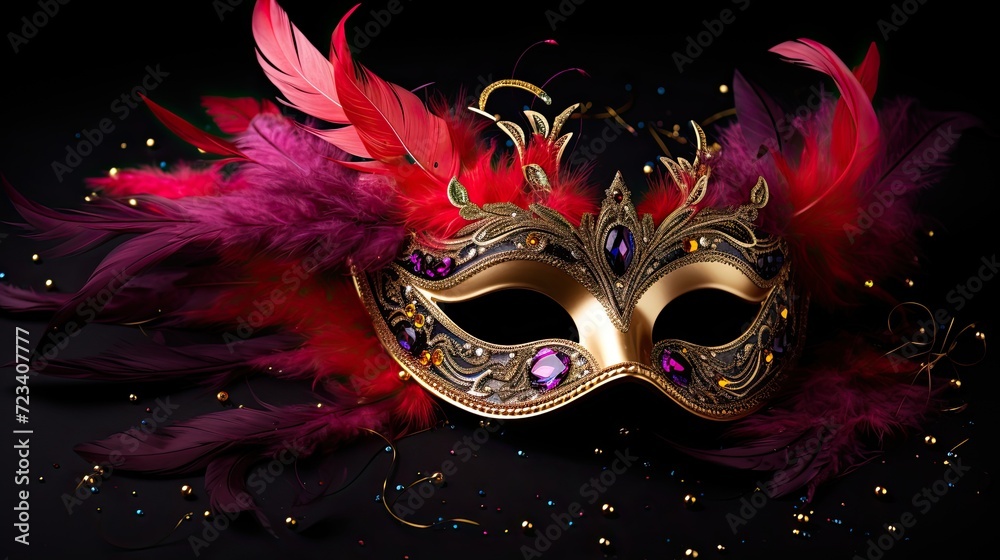 purple, red and gold masquerade mask with red feathers and sparkles against a black background,