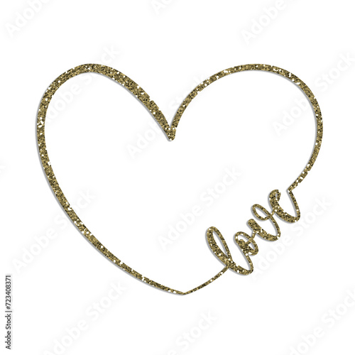 Heart shaped border frame with the word love in gold glitter