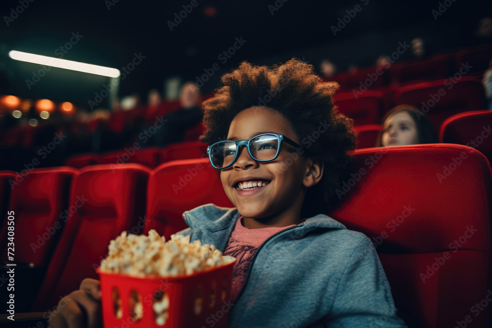 African american child watching movie in cinema with popcorn. Generative AI
