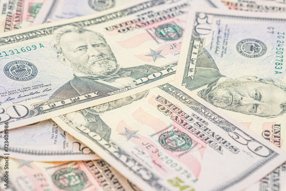 heap of fifty dollars background. 50 fifty dollars bill banknote with the portrait of president Ulysses S. Grant, Old American money banknote, vintage retro, United States of America heap of fifty dollars background. 50 fifty dollars bill banknote with the portrait of president Ulysses S. Grant, Old American money banknote, vintage retro, United States of America