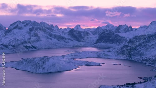 norway lofoten islands aerial shot winter season snowy landscapes sunset colors photo