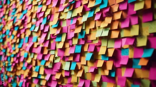 Many colorful, sticky notes, or adhesive notes on a wall or bulletin board.Ai generative