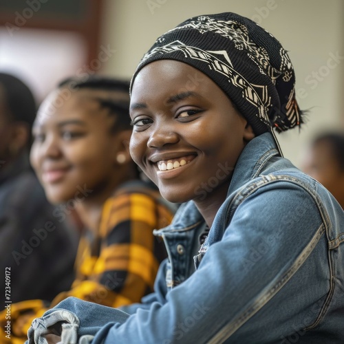 A group of young women smiling in a classroom. Generative AI.