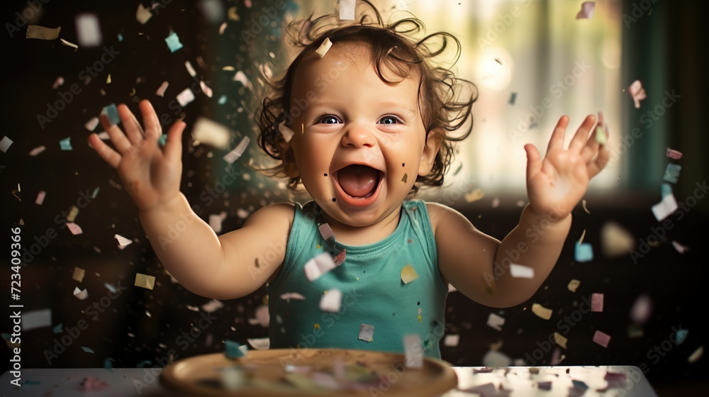 A happy baby clapping hands and smiling widely while being showered with confetti at a birthday party A happy baby clapping hands and smiling widely while being showered with confetti at a birthday party