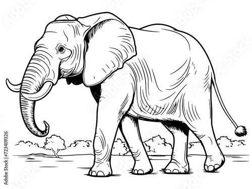 Coloring book full length elephant, natural environment. Generative ai, black lines, white