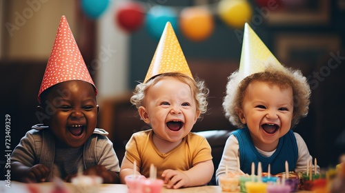 A group of babies giggling and playing with party hats and toys at a birthday party