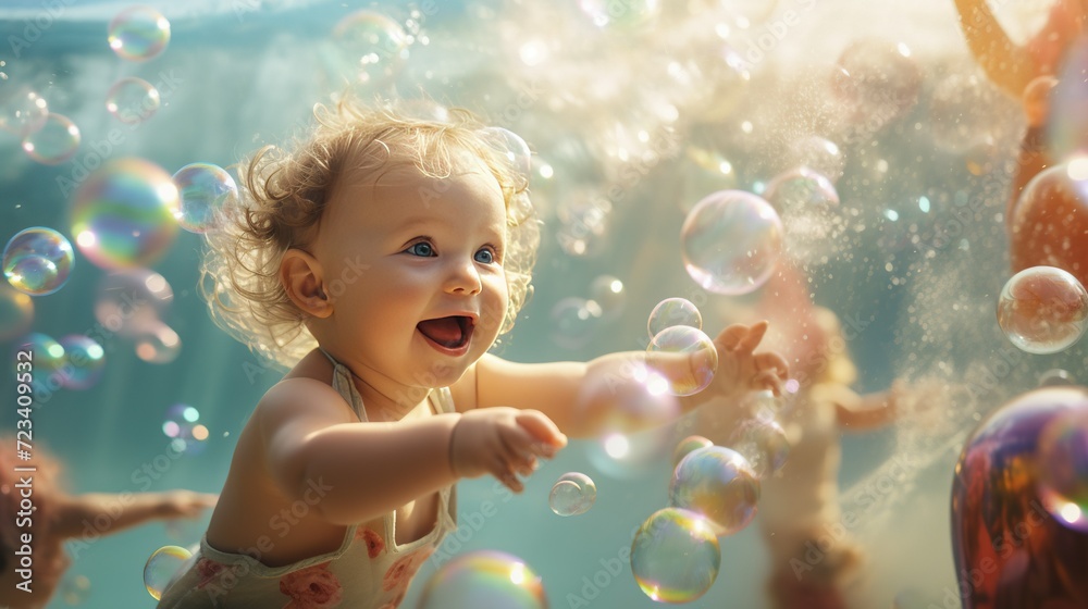 A baby surrounded by friends and family, playing with balloons and bubbles at a birthday celebration A baby surrounded by friends and family, playing with balloons and bubbles at a birthday celebration