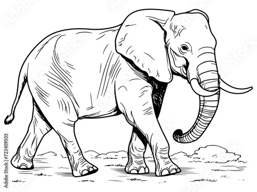 Coloring book full length elephant, natural environment. Generative ai, black lines, white