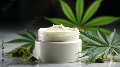 Aesthetic elegance: beauty products on display, featuring face cream and cannabis leaves