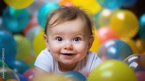 A cute baby surrounded by colorful balloons and confetti