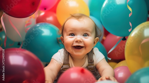 A cute baby surrounded by colorful balloons and confetti © Arup Debnath