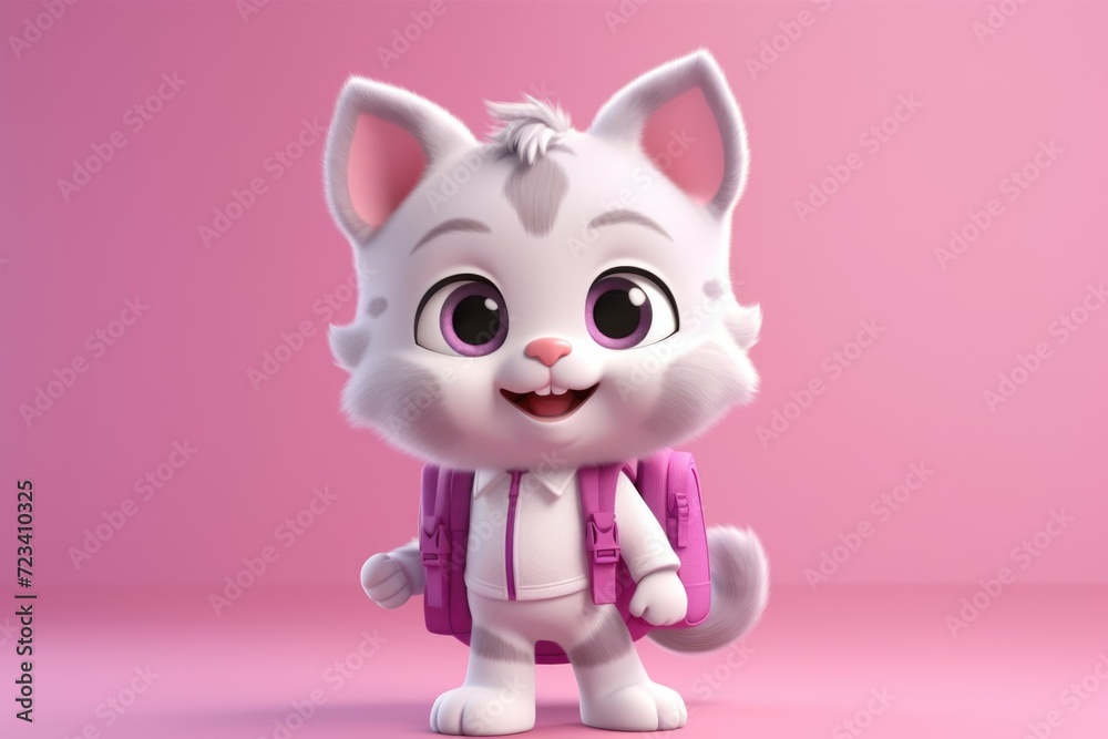 An illustration of white kitten of a schoolboy with backpack on his back on pink background. An illustration of white kitten of a schoolboy with backpack on his back on pink background.