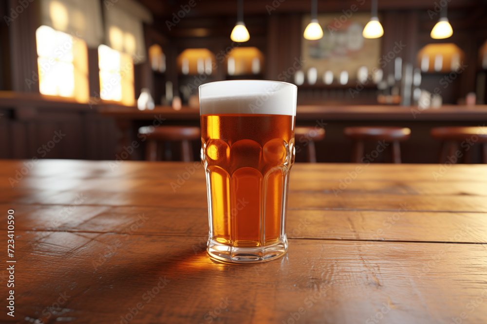 Close up of the pint of beer standing on a counter of a traditional English pub. 3D render, ai