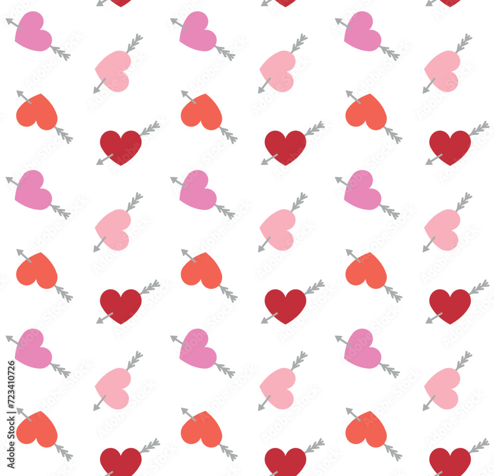 Vector seamless pattern of flat colored heart with arrow isolated on white background