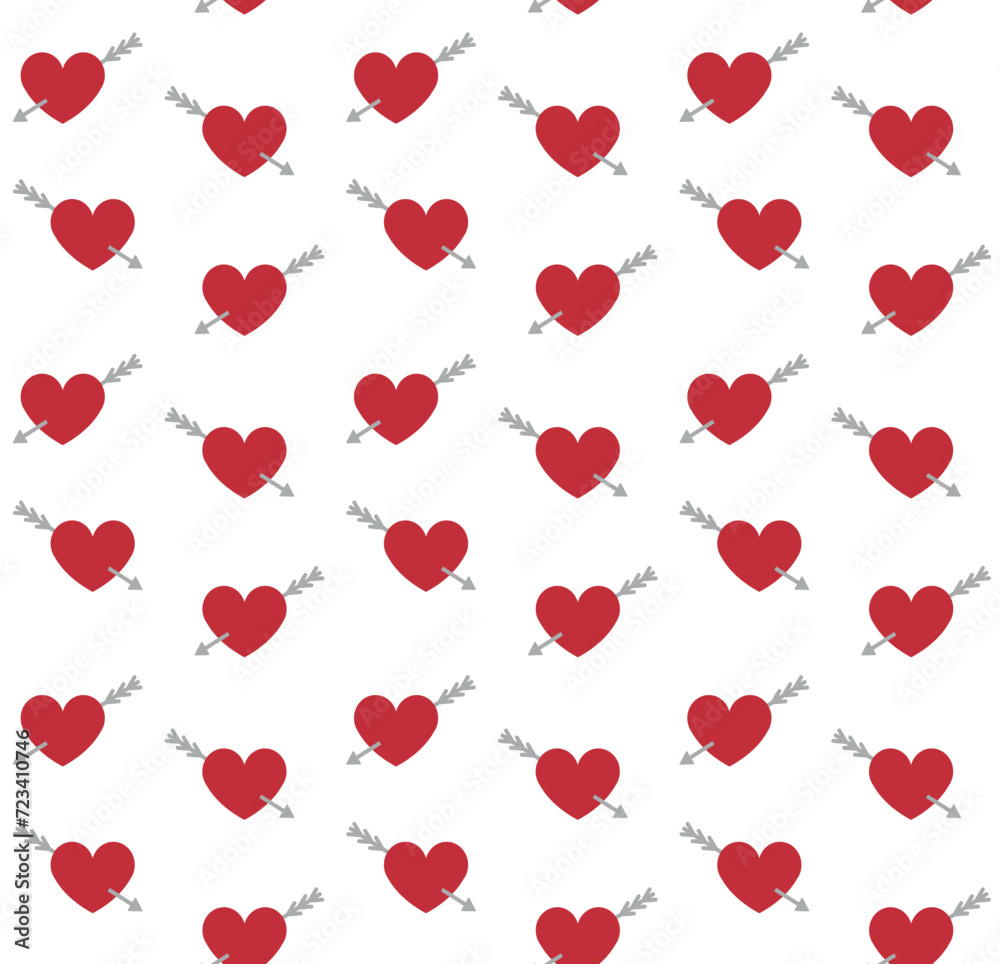 Vector seamless pattern of flat heart with arrow isolated on white background