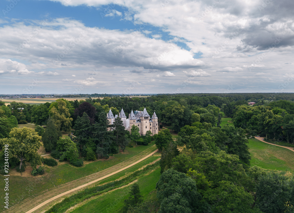 Summer aerial landscape view of Gołuchów Castle (Zamek w Gołuchowie), Wielkopolska, Poland