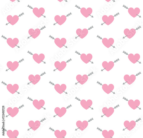 Vector seamless pattern of flat pink heart with arrow isolated on white background