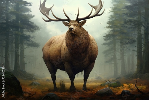 A fat moose is standing in forest. Animal obesity. Ecology. photo