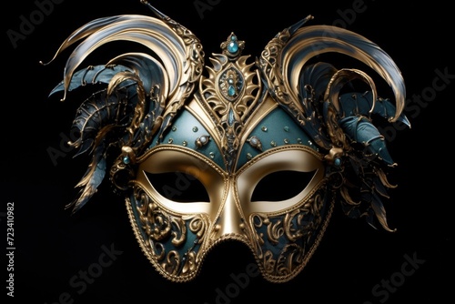 A Venetian mask on black background.