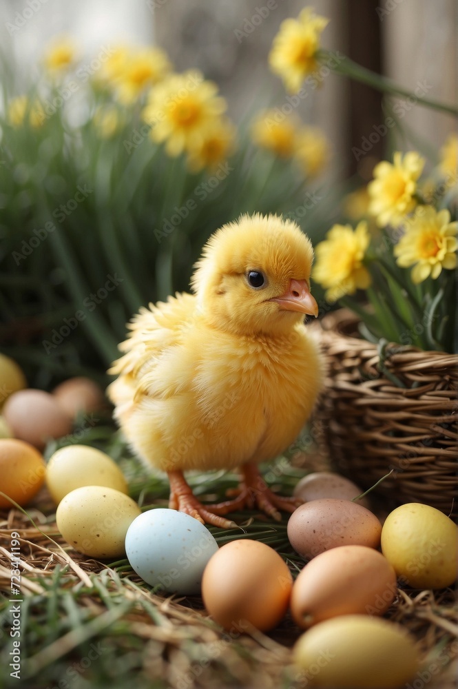 A yellow chick sits in a basket surrounded by Easter eggs.