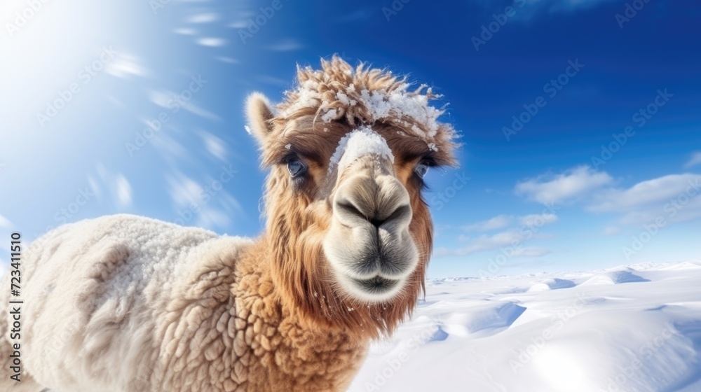 Closeup of camel portrait in a snowy polar landscape