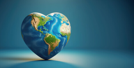 Closeup earth in the shape of heart isolated on blue background with space for copy
