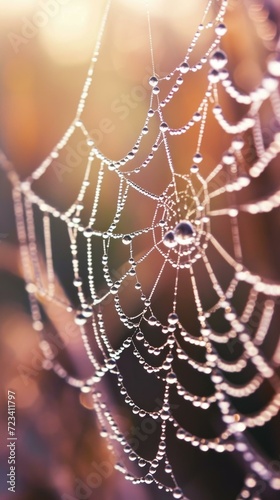 A spider web with dew drops on it. Generative AI.