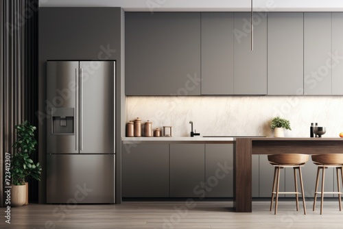 Interior modern kitchen with gray and white walls, tiled floor, white cupboards and wooden table with chairs.