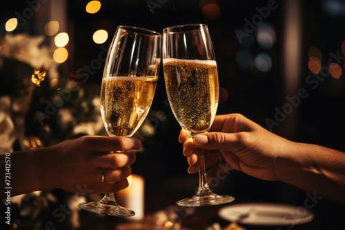 A close-up of hands clinking champagne glasses, capturing the sparkling effervescence and shared moments of joy on New Year's Day. Generative Ai.