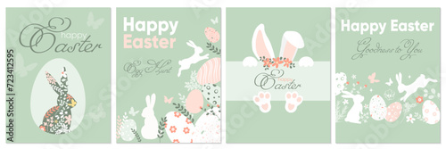 Happy Easter Set festive posters, greeting cards, banners, holiday covers. Trendy vector design with cute hand drawn bunny, eggs, flowers and plants in pastel colors.