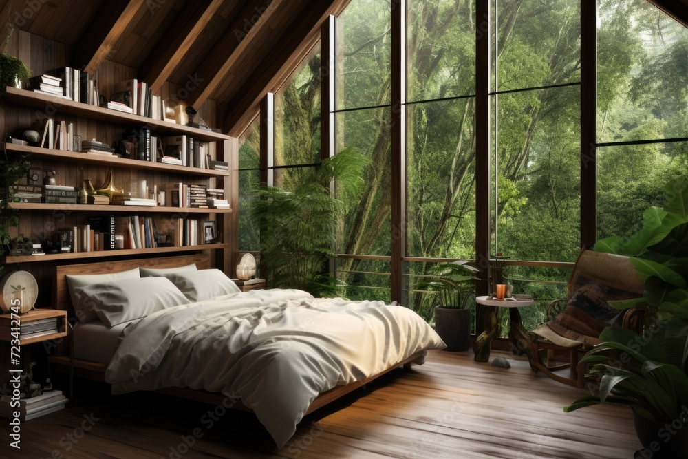 Interior of a modern bedroom with a wooden floor, a large window and bookcase.