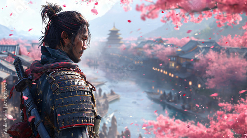 fantasy landscape and japanese samurai with temple