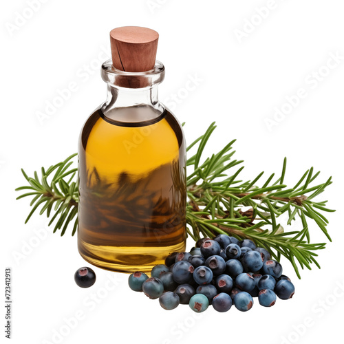 fresh raw organic juniper oil in glass bowl png isolated on white background with clipping path. natural organic dripping serum herbal medicine rich of vitamins concept. selective focus photo