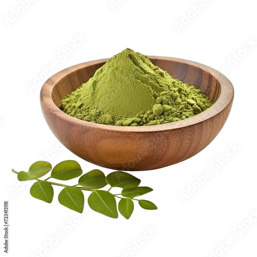 pile of finely dry organic fresh raw moringa leaf powder in wooden bowl png isolated on white background. bright colored of herbal, spice or seasoning recipes clipping path. selective focus