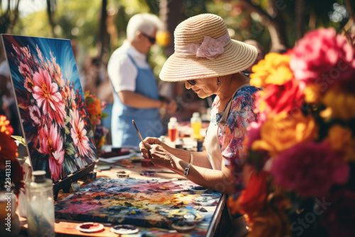 Elderly individuals engaging in an outdoor painting session, showcasing creative expression and community involvement. Concept of artistic pursuits and social connection in aging. Generative Ai.