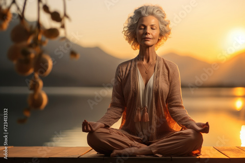 Elderly woman practicing meditation at sunrise, symbolizing peace, mindfulness, and well-being. Concept of mental health and spiritual growth in later years. Generative Ai.