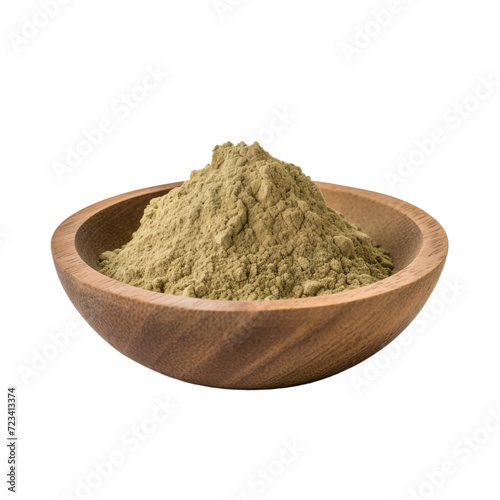 pile of finely dry organic fresh raw mugwort powder in wooden bowl png isolated on white background. bright colored of herbal, spice or seasoning recipes clipping path. selective focus photo