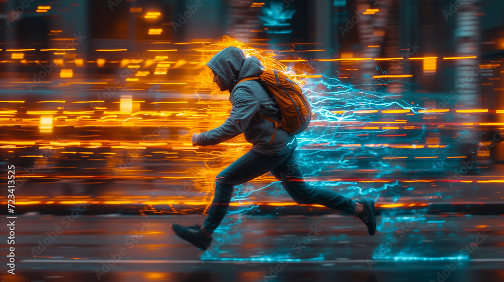 Man in casual attire with a backpack sprints across city street, embodying motion and dynamics