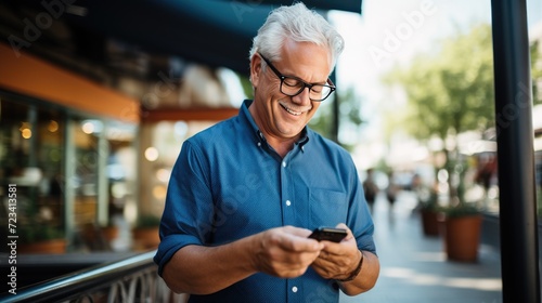 Happy smiling senior man is using a smartphone outdoors © Michael
