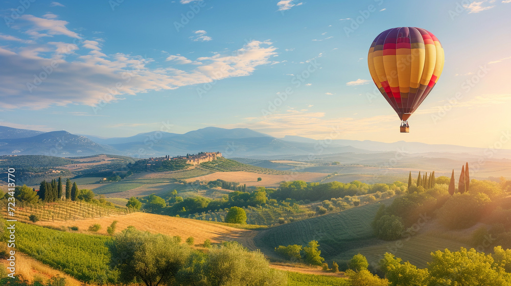 A couple enjoying a scenic hot air balloon ride over the picturesque landscapes of Provence, creating a dreamy and romantic scene, with copy space for whimsical text