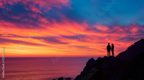 A creative composition of a couple's silhouettes against the vibrant colors of a sunrise on the French Riviera, forming a visually striking and romantic scene, with copy space for