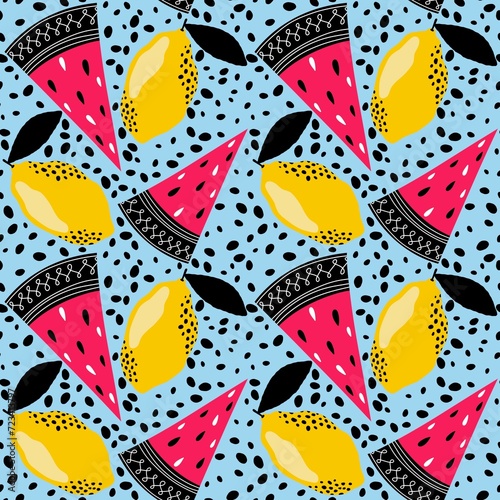 Summer fruit seamless watermelon and lemon pattern for wrapping paper and fabrics and kids print and party