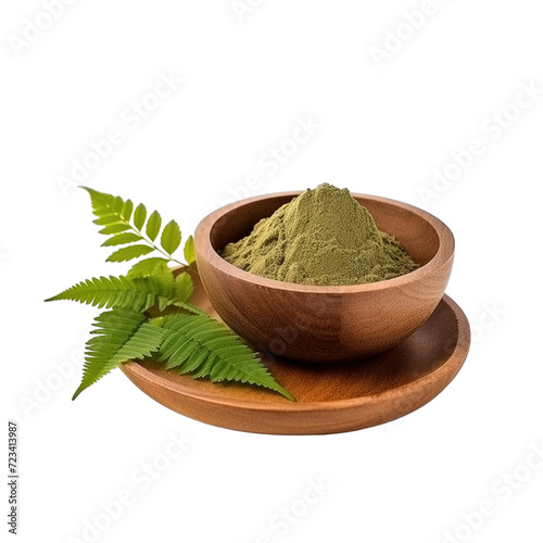 pile of finely dry organic fresh raw neem leaf powder in wooden bowl png isolated on white background. bright colored of herbal, spice or seasoning recipes clipping path. selective focus
