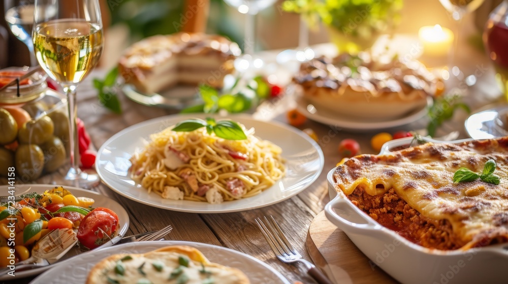 A table set with a traditional Italian feast including spaghetti, lasagna 
