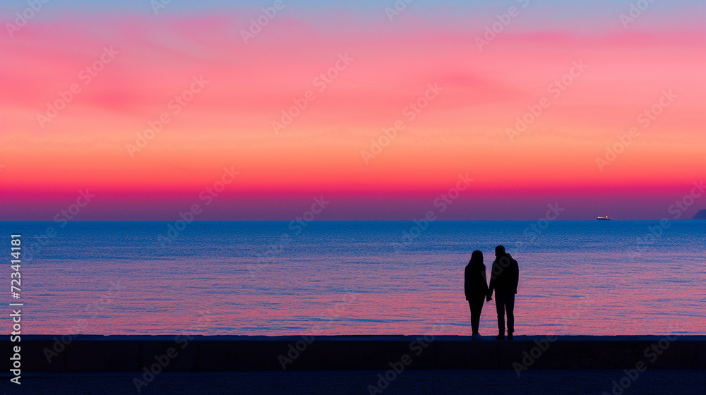 A creative composition of a couple's silhouettes against the vibrant colors of a sunrise on the French Riviera, forming a visually striking and romantic scene, with space for dream