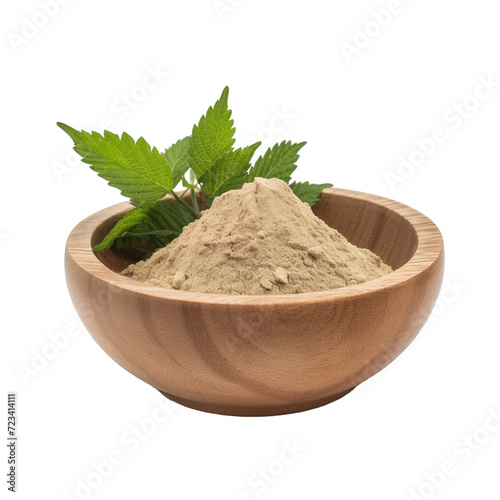 pile of finely dry organic fresh raw nettle root powder in wooden bowl png isolated on white background. bright colored of herbal, spice or seasoning recipes clipping path. selective focus photo