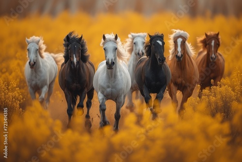 A majestic herd of wild mustang horses galloping freely through a lush green field, their manes flowing in the wind as they embrace their natural animal instincts
