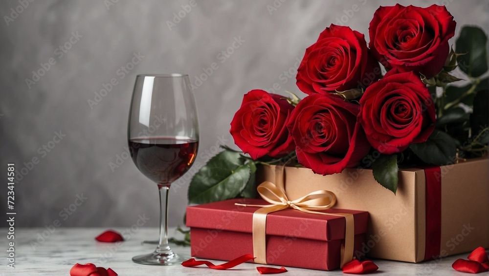 glass of wine, gift and many roses, on a gray background glass of wine, gift and many roses, on a gray background